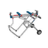 Product Image Dynamic of Bosch T4B Gravity-Rise Miter Saw Stand with Wheels on a white background.