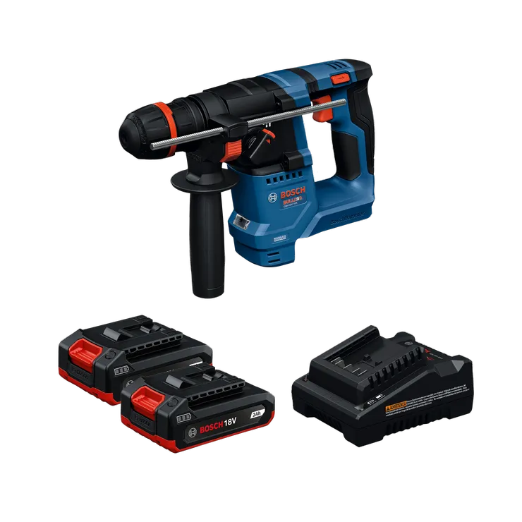 Product Image Dynamic of Bosch GBH18V-18XB22 SDS-PLUS® ONECHUCK Rotary Hammer Kit on a white background.