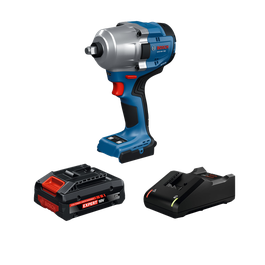 Dynamic Image of Bosch GDS18V-780B14X 18V Brushless ½ In. Mid-Torque Impact Wrench Kit on a white background.