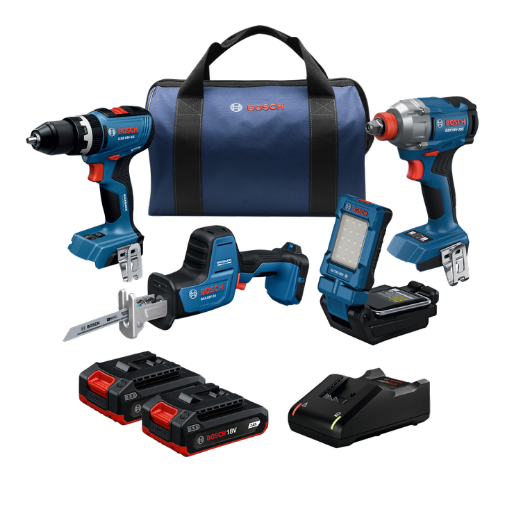 Product Image Dynamic of Bosch GXL18V-498B22 18V 4-Tool Combo Kit on a white background.