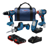 Product Image Dynamic of Bosch GXL18V-498B22 18V 4-Tool Combo Kit on a white background.