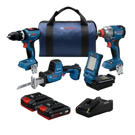 Product Image Dynamic of Bosch GXL18V-498B22 18V 4-Tool Combo Kit on a white background.