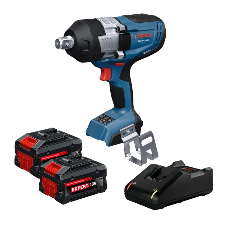 Dynamic Image of Bosch GDS18V-1600HB28X 18V Impact Wrench Kit on white background.