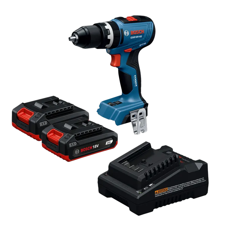 Dynamic Image of Bosch GSR18V-52B22 18V Drill/Driver Kit with Batteries and Charger.