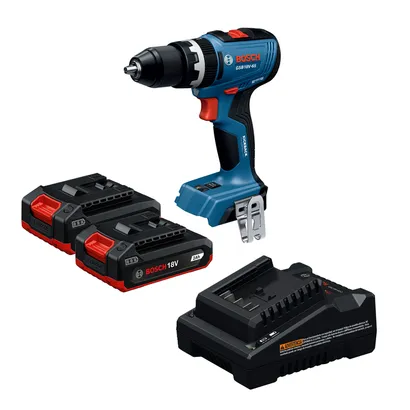 Dynamic Image of Bosch GSR18V-52B22 18V Drill/Driver Kit with Batteries and Charger.