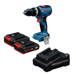 Dynamic Image of Bosch GSR18V-52B22 18V Drill/Driver Kit with Batteries and Charger.