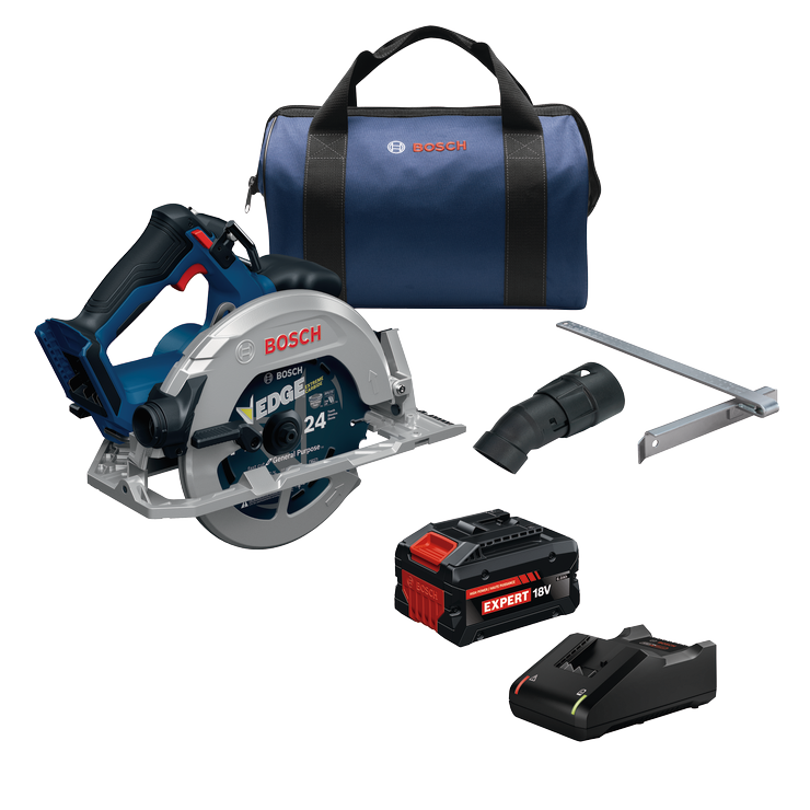 Dynamic Image of Bosch GKS18V-68-2B16X 18V Brushless 7-1/4 In. Circular Saw Kit on a white background.