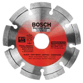 Lame diamantée Bosch, 4 1/2", 115mm, modèle DB4565, Max RPM 13,200, pour BLOC, BRIQUE TENDRE, ASPHALTE, GRÈS.