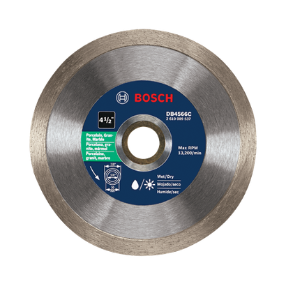 Lame Bosch 4 1/2" DB4566C avec régime maximal de 13 200 tr/min, pour porcelaine, granit et marbre.