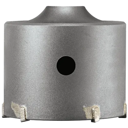 Foret cylindrique en métal gris avec trou circulaire noir.