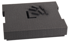 Insert en mousse gris foncé avec six petits morceaux de mousse.