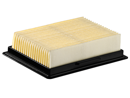 Rectangular air filter with light-yellow filter media and a black frame.