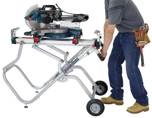 Bosch T4B Gravity Rise miter saw and stand with a person.