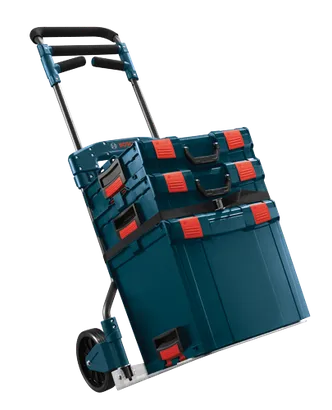 Bosch blue and black wheeled tool storage system with 'BOSCH' branding.
