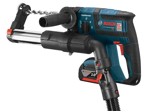 Boschhammer drill, with "Bosch", "LITHIUM-ION 18V", and "EC brushless motor" text.