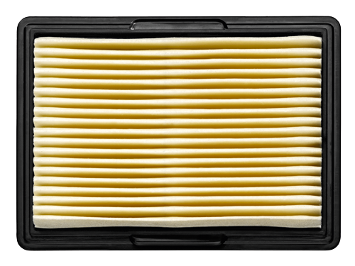 Air filter with yellow pleated paper and black frame.