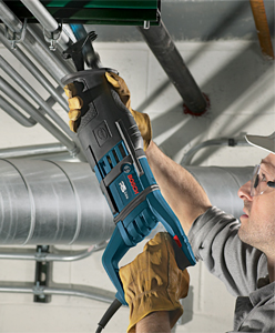 Bosch reciprocating saw being used by a person in a work environment.