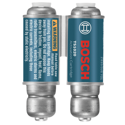 Bosch TS1020 Activation Cartridge; warning: read table saw manual before installing; keep hands away from pin; do not expose to friction, impact, heat, flame, radio transmitters, storms, and electric currents.