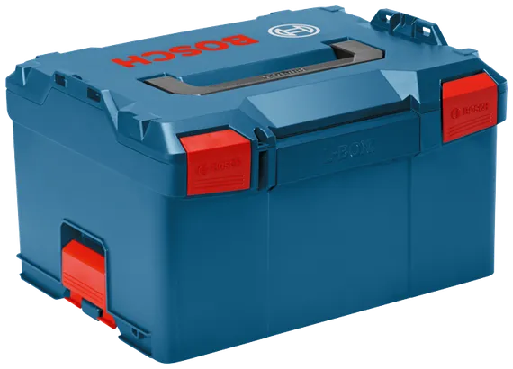 Bosch L-BOXX storage container with red latches and handles.