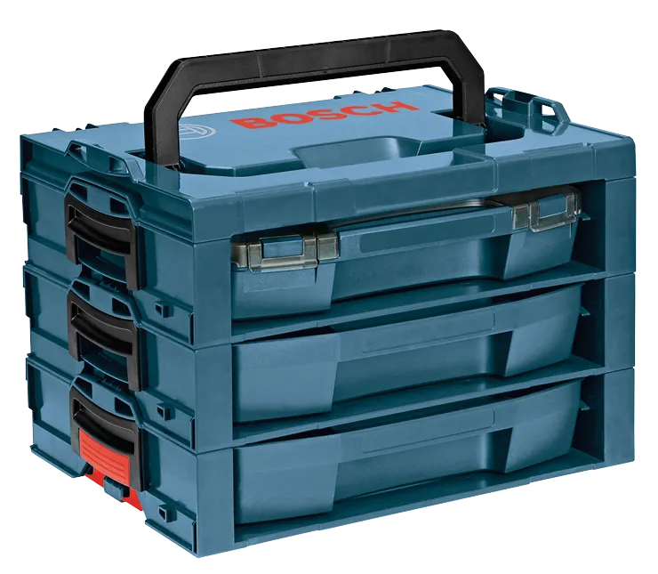 Bosch tool storage system with stacked compartments and a handle.