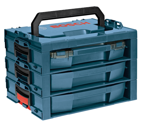 Bosch tool storage system with stacked compartments and a handle.
