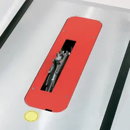 Table saw with red insert and blade visible.