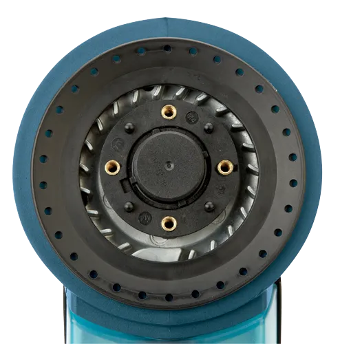 Close-up of a power tool showing a black ring with holes, metallic interior with blades, and "M4" markings.