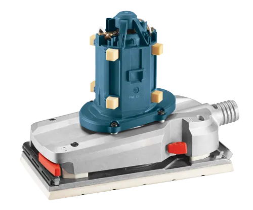 Bosch electric sander with turquoise top and gray base, red and black accents.