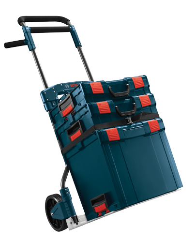 Bosch blue and black tool trolley with multiple red and black toolboxes attached. The handle has the word "BOSCH" visible.