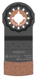 Bosch oscillating multi-tool blade, with 'Grout & Abrasive' text, 'Starlock', and model OSL114CG Carbide.