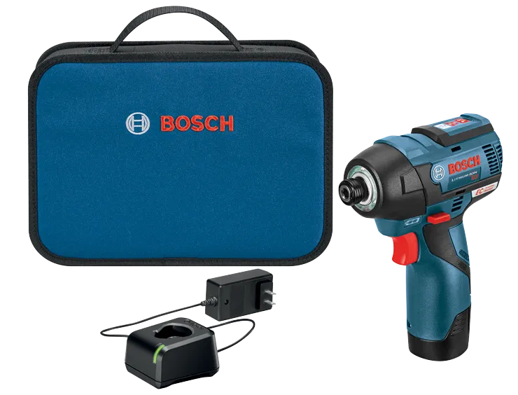 BOSCH impact driver, case, battery, and charger. The case has "BOSCH" printed on it. The driver has "BOSCH LITHIUM-ION 12 V MAX Li-Ion brushless EC motor".