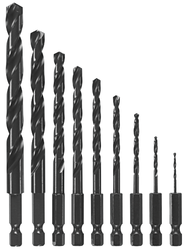 Assortment of black drill bits.
