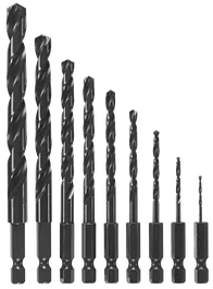 Assortment of black drill bits.