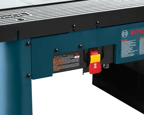 Bosch electric table with safety warnings, 125V-60Hz 15A HY75-7, and a red and yellow safety switch with "REMOVE TO LOCK".