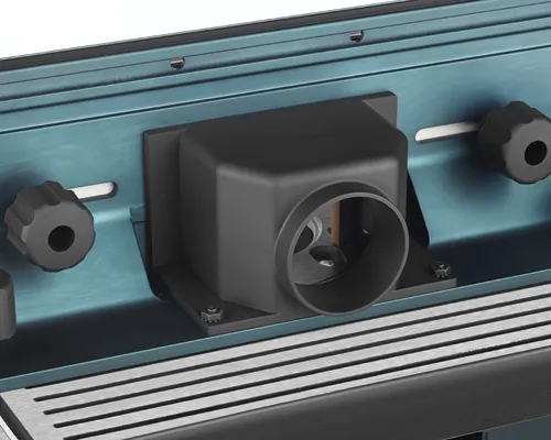 Dust collection port and knob controls on a teal and black machine base.