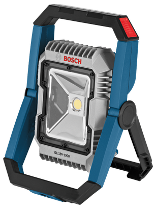 Bosch LED work light with blue and black frame, Bosch logo visible.