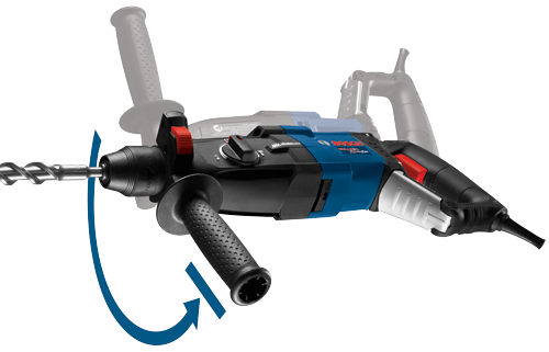 Bosch BULLDOG XtremeMax rotary hammer drill with a blue and black housing. Visible text: Vibration Control, SDS plus.