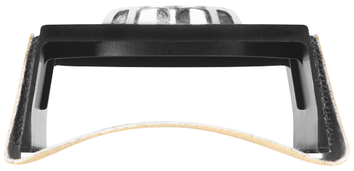 Black and silver object with a rounded bottom, a flat top, and an arched bottom edge.