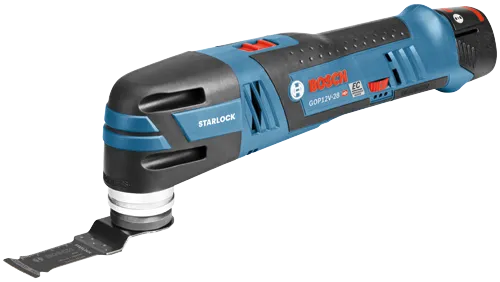 Bosch GOP12V-28 HD Starlock oscillating multi-tool with blade, "STARLOCK" and "EC BRUSHLESS MOTOR" are visible. The blade has text "Wood Metal Swiss Made" and "CURVED TEC".