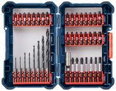 Bosch assortment of drill bits and screwdriver bits inside a blue case.