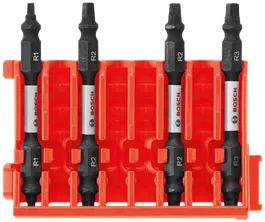 Bosch screw bits, with "R1", "R2", and "R3" labels and the logo, set in an orange holder.