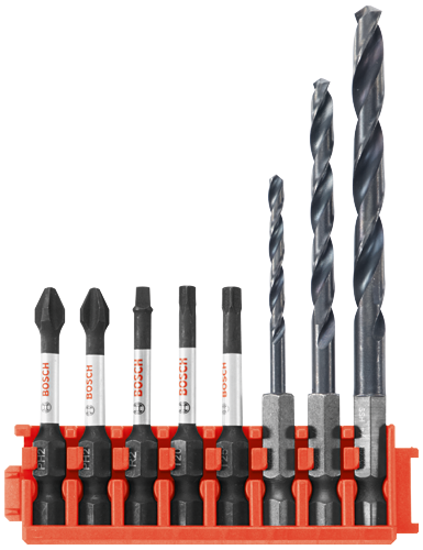 Bosch drill bit set with various sizes and types, held in an orange holder, with the Bosch logo visible on the bits.