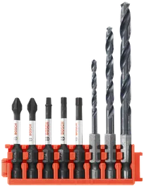 Bosch drill bit set with various sizes and types, held in an orange holder, with the Bosch logo visible on the bits.