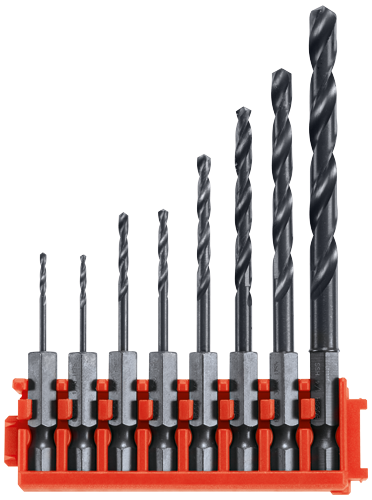 Bosch drill bit set in orange holder.