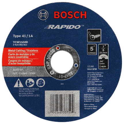 5 In. .040 In. 7/8 In. Arbor Type 1A (ISO 41) 60 Grit Rapido™ Fast Metal/Stainless Cutting Abrasive Wheel