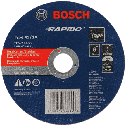 6 In. 1/16 In. 7/8 In. Arbor Type 1A (ISO 41) 46 Grit Rapido™ Fast Metal/Stainless Cutting Abrasive Wheel