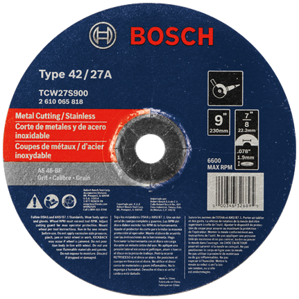 9 In. 5/64 In. 7/8 In. Arbor Type 27A (ISO 42) 46 Grit Rapido™ Fast Metal/Stainless Cutting Abrasive Wheel