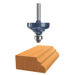 Bosch router bit above a cut piece of wood.