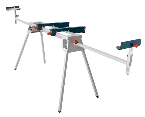 Bosch saw stand with blue and silver components, red knobs, and white legs.
