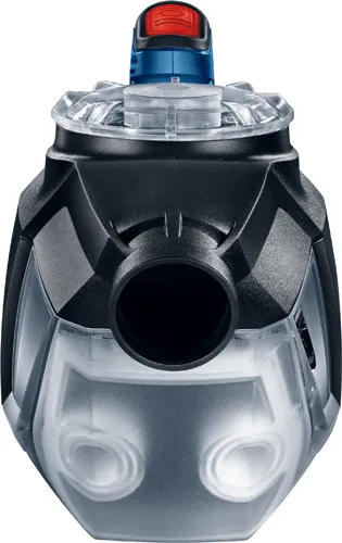 Black and transparent container with a blue and red top.